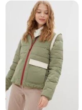 Roxy Sage Green and Cream Puffer Jacket (and Vest) with Maroon Trim
